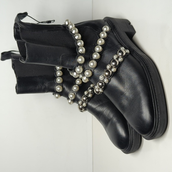 Zara Black chelsea pearl Studded Combat Boots w/ Chunky Sole woman size 6 EU 36 - Picture 2 of 16